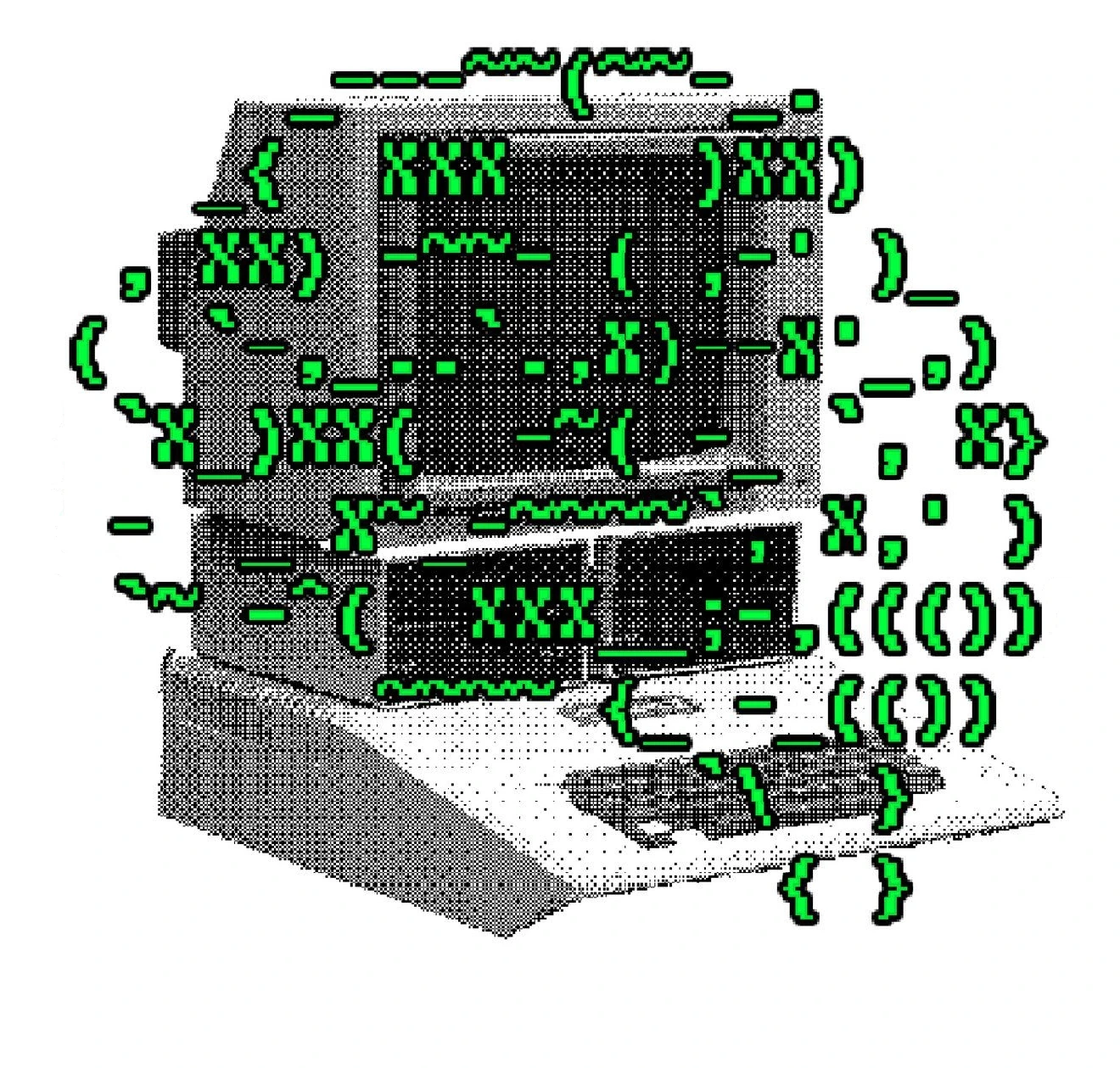 A dithered illustration of a desktop computer wrapped in green ASCII characters